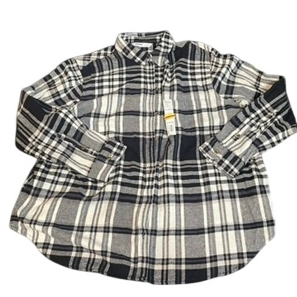 Sonoma Goods For Life Womens XL Plaid Flannel Button Down Shirt Black White Grey